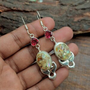 Multi Fire Opal Hook Earrings: 925 Sterling Silver Plated, Handmade Earring